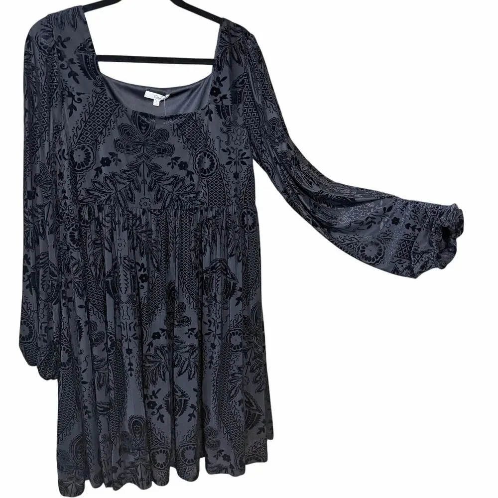 Easel Black Velvet Burnout Boho Babydoll Dress Long Sleeve NWT Large gothic dark - Picture 1 of 9